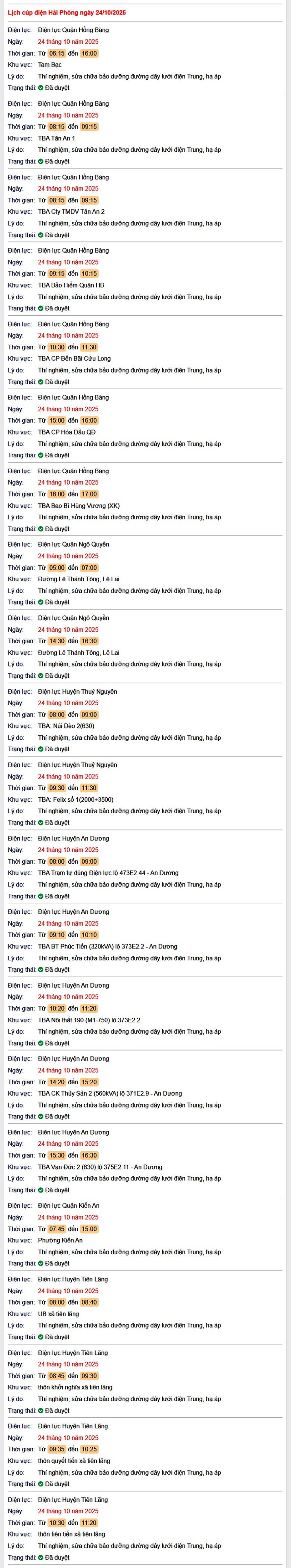 Tra cứu lịch cắt điện Hải Phòng hôm nay Thứ 6 ngày 24/10/2025- Ảnh 1. Tra cứu lịch cắt điện Hải Phòng hôm nay Thứ 6 ngày 24/10/2025- Ảnh 1.