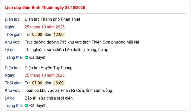 Tra cứu lịch cúp điện hôm nay Thứ 7 ngày 25/10/2025 tại Bình Thuận- Ảnh 1. Tra cứu lịch cúp điện hôm nay Thứ 7 ngày 25/10/2025 tại Bình Thuận- Ảnh 1.