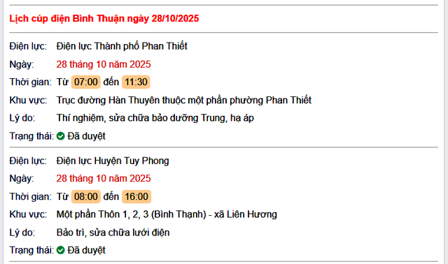 Tra cứu lịch cúp điện hôm nay Thứ 3 ngày 28/10/2025 tại Bình Thuận- Ảnh 1. Tra cứu lịch cúp điện hôm nay Thứ 3 ngày 28/10/2025 tại Bình Thuận- Ảnh 1.