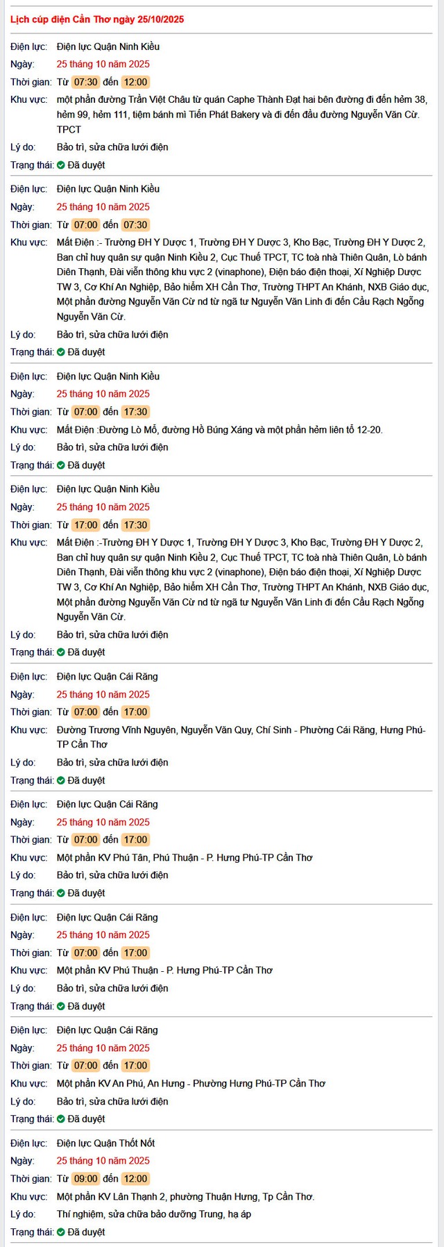 Tra cứu lịch cúp điện hôm nay Thứ 7 ngày 25/10/2025 tại Cần Thơ- Ảnh 1. Tra cứu lịch cúp điện hôm nay Thứ 7 ngày 25/10/2025 tại Cần Thơ- Ảnh 1.