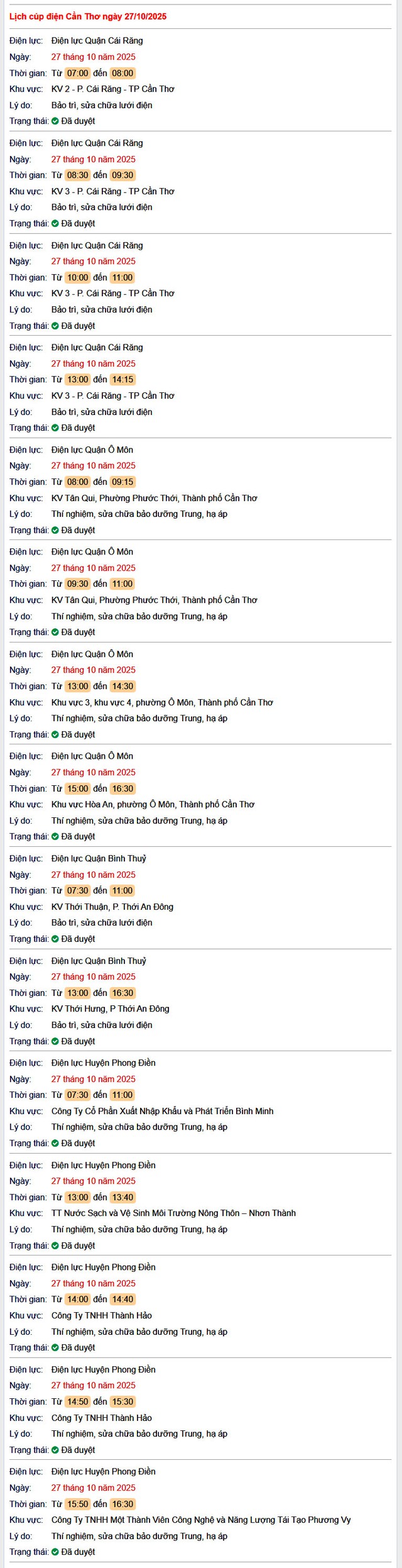 Tra cứu lịch cúp điện hôm nay Thứ 2 ngày 27/10/2025 tại Cần Thơ- Ảnh 1.