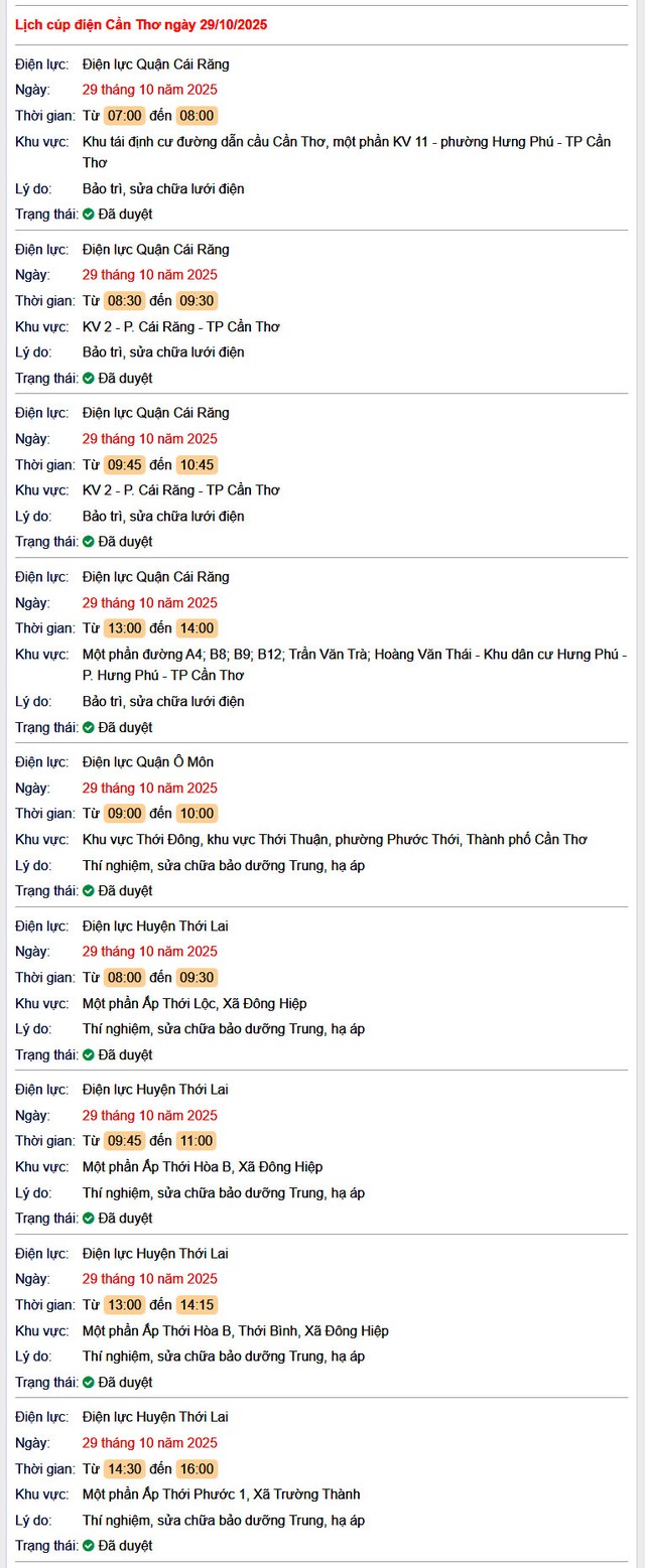 Tra cứu lịch cúp điện hôm nay Thứ 4 ngày 29/10/2025 tại Cần Thơ- Ảnh 1.