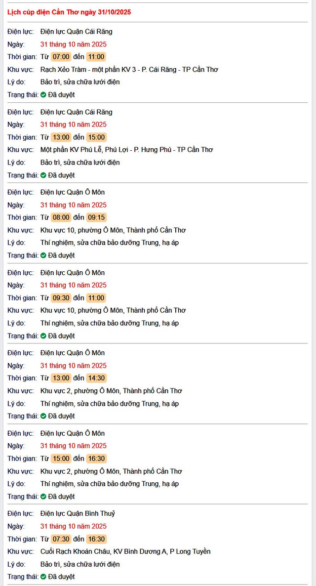 Tra cứu lịch cúp điện hôm nay Thứ 6 ngày 31/10/2025 tại Cần Thơ- Ảnh 1. Tra cứu lịch cúp điện hôm nay Thứ 6 ngày 31/10/2025 tại Cần Thơ- Ảnh 1.