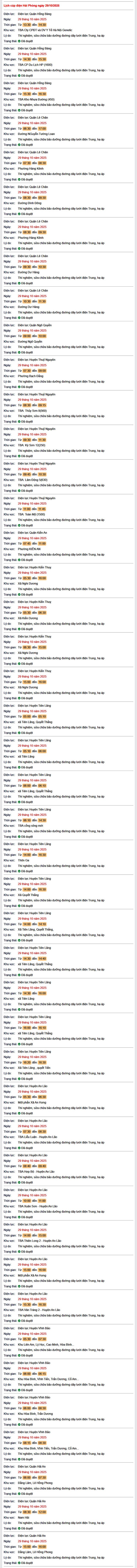 Tra cứu lịch cắt điện Hải Phòng hôm nay Thứ 4 ngày 29/10/2025- Ảnh 1. Tra cứu lịch cắt điện Hải Phòng hôm nay Thứ 4 ngày 29/10/2025- Ảnh 1.