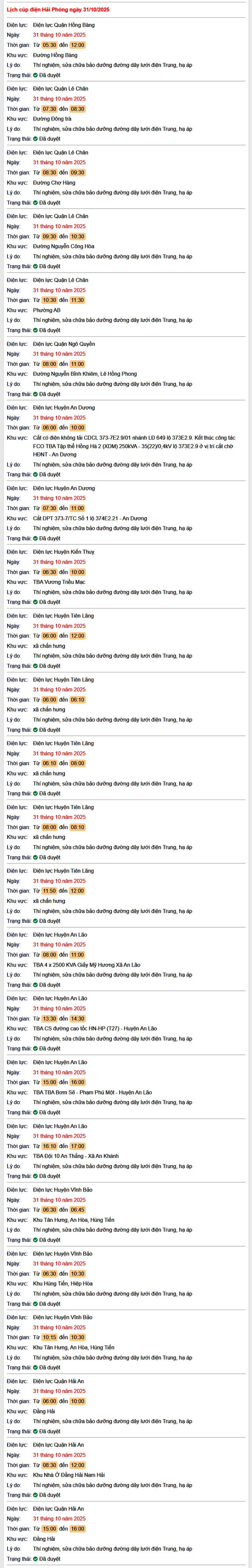 Tra cứu lịch cắt điện Hải Phòng hôm nay Thứ 6 ngày 31/10/2025- Ảnh 1. Tra cứu lịch cắt điện Hải Phòng hôm nay Thứ 6 ngày 31/10/2025- Ảnh 1.
