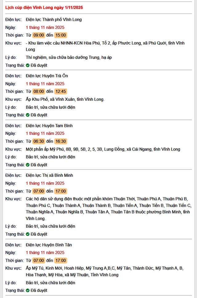 Tra cứu lịch cúp điện hôm nay Thứ 7 ngày 1/11/2025 tại Vĩnh Long- Ảnh 1. Tra cứu lịch cúp điện hôm nay Thứ 7 ngày 1/11/2025 tại Vĩnh Long- Ảnh 1.