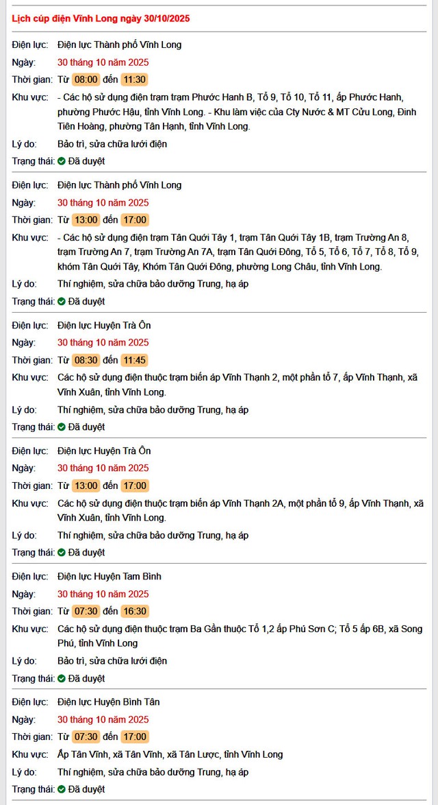 Tra cứu lịch cúp điện hôm nay Thứ 5 ngày 30/10/2025 tại Vĩnh Long- Ảnh 1. Tra cứu lịch cúp điện hôm nay Thứ 5 ngày 30/10/2025 tại Vĩnh Long- Ảnh 1.