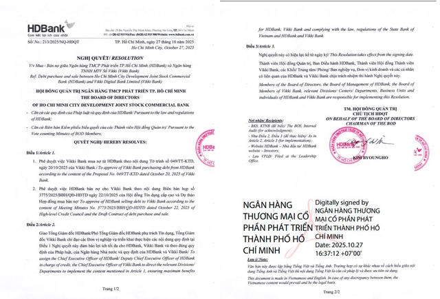 Nghị quyết HĐQT phê duyệt giao dịch mua bán nợ giữa HDBank và Vikki Bank- Ảnh 2. Nghị quyết HĐQT phê duyệt giao dịch mua bán nợ giữa HDBank và Vikki Bank- Ảnh 2.