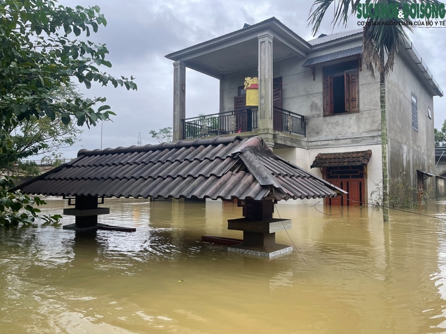 Người dân lên gác mái chật hẹp sinh hoạt chờ lũ rút- Ảnh 1.