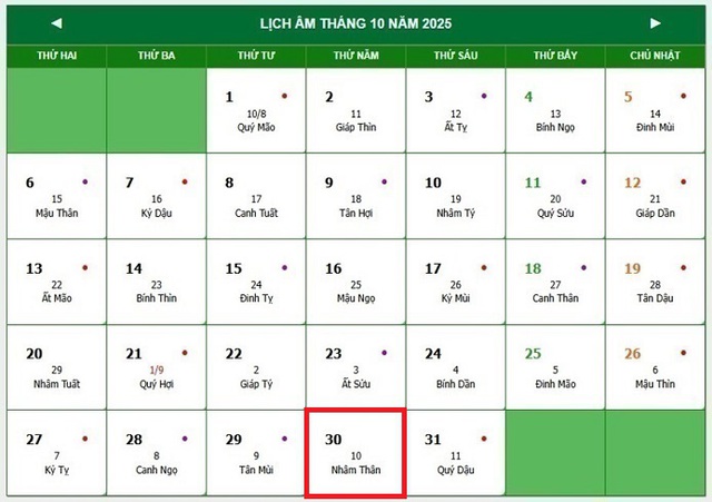 Lịch âm 30/10 - Âm lịch hôm nay 30/10 - Lịch vạn niên ngày 30/10/2025- Ảnh 1. Lịch âm 30/10 - Âm lịch hôm nay 30/10 - Lịch vạn niên ngày 30/10/2025- Ảnh 1.