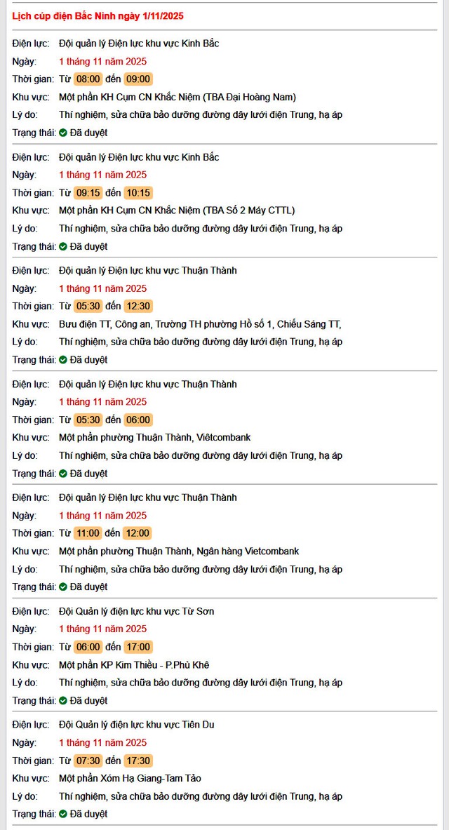 Tra cứu lịch cắt điện Bắc Ninh hôm nay Thứ 7 ngày 1/11/2025- Ảnh 1. Tra cứu lịch cắt điện Bắc Ninh hôm nay Thứ 7 ngày 1/11/2025- Ảnh 1.