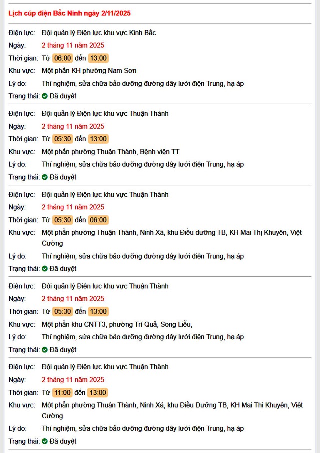 Tra cứu lịch cắt điện Bắc Ninh hôm nay Chủ Nhật ngày 2/11/2025- Ảnh 1. Tra cứu lịch cắt điện Bắc Ninh hôm nay Chủ Nhật ngày 2/11/2025- Ảnh 1.