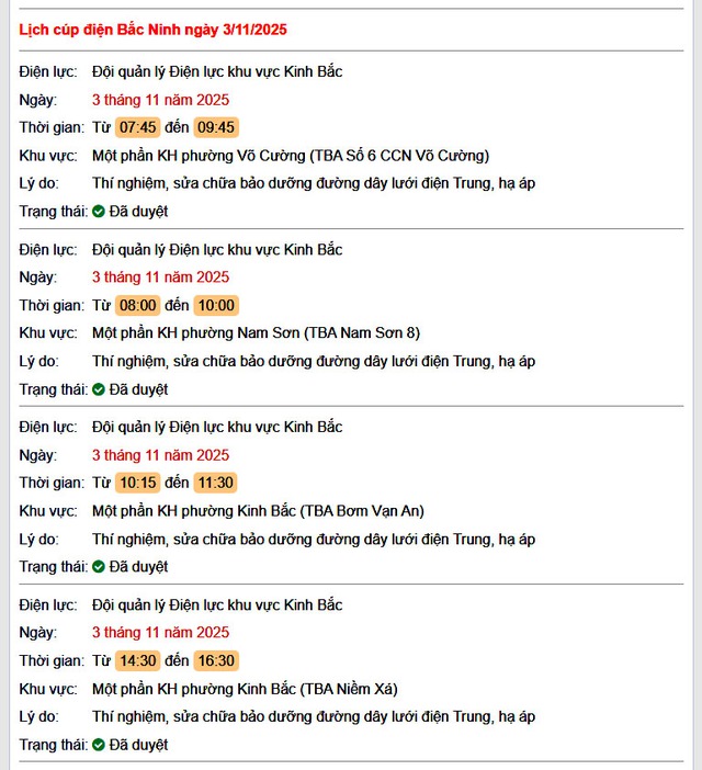 Tra cứu lịch cắt điện Bắc Ninh hôm nay Thứ 2 ngày 3/11/2025- Ảnh 1.