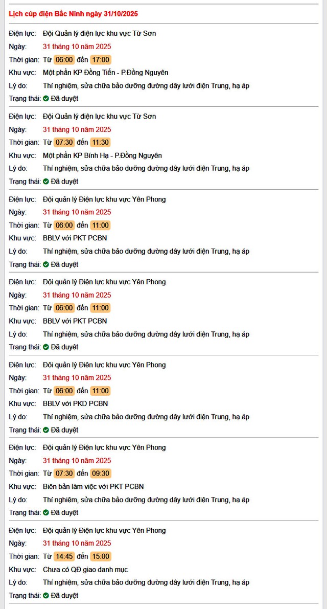 Tra cứu lịch cắt điện Bắc Ninh hôm nay Thứ 6 ngày 31/10/2025- Ảnh 1. Tra cứu lịch cắt điện Bắc Ninh hôm nay Thứ 6 ngày 31/10/2025- Ảnh 1.