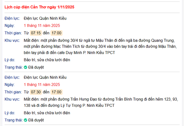 Tra cứu lịch cúp điện hôm nay Thứ 7 ngày 1/11/2025 tại Cần Thơ- Ảnh 1. Tra cứu lịch cúp điện hôm nay Thứ 7 ngày 1/11/2025 tại Cần Thơ- Ảnh 1.
