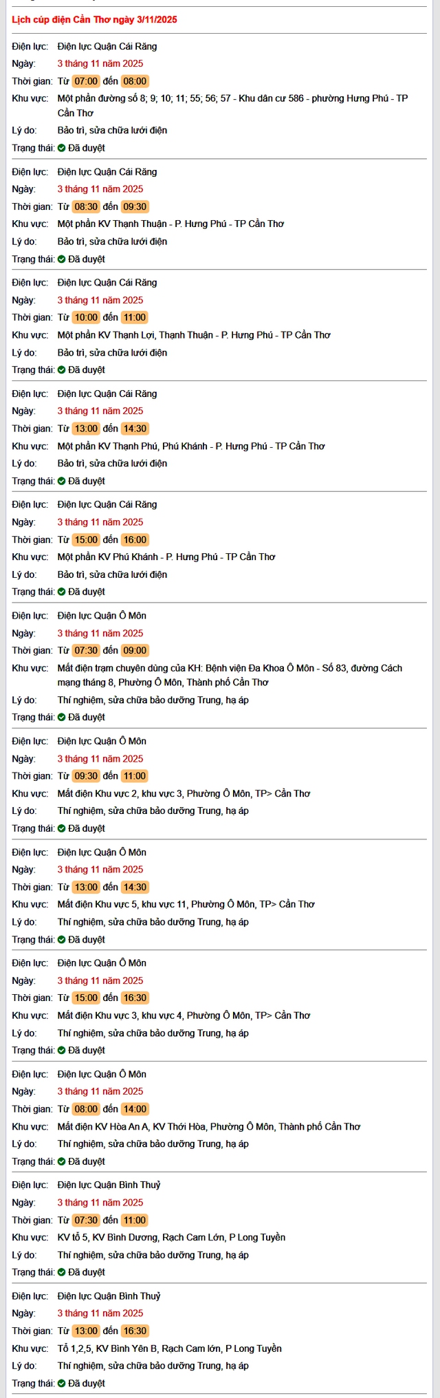 Tra cứu lịch cúp điện hôm nay Thứ 2 ngày 3/11/2025 tại Cần Thơ- Ảnh 1. Tra cứu lịch cúp điện hôm nay Thứ 2 ngày 3/11/2025 tại Cần Thơ- Ảnh 1.