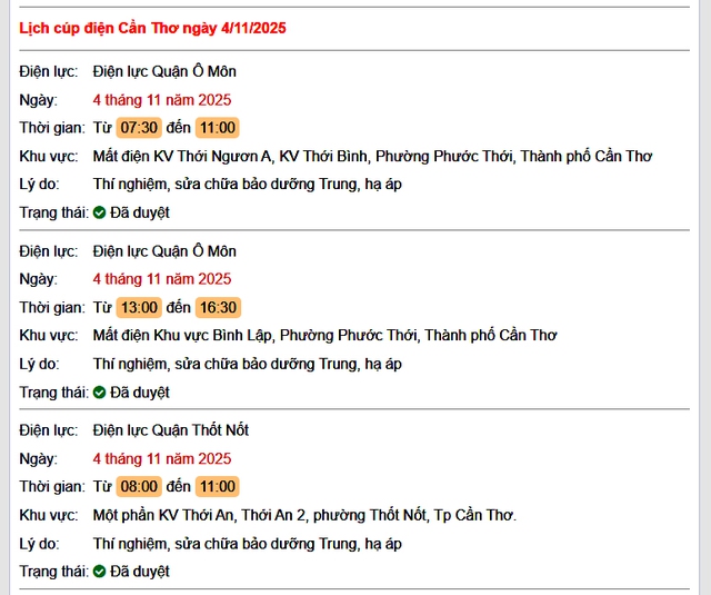Tra cứu lịch cúp điện hôm nay Thứ 3 ngày 4/11/2025 tại Cần Thơ- Ảnh 1. Tra cứu lịch cúp điện hôm nay Thứ 3 ngày 4/11/2025 tại Cần Thơ- Ảnh 1.