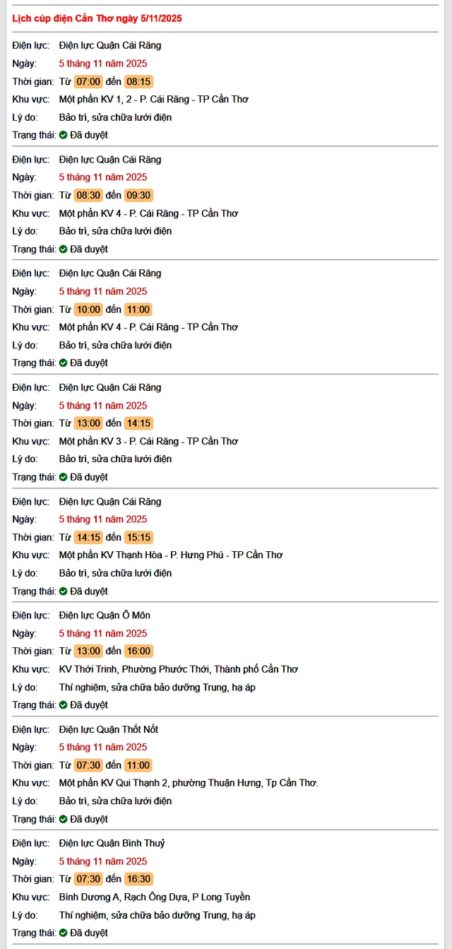 Tra cứu lịch cúp điện hôm nay Thứ 4 ngày 5/11/2025 tại Cần Thơ- Ảnh 1. Tra cứu lịch cúp điện hôm nay Thứ 4 ngày 5/11/2025 tại Cần Thơ- Ảnh 1.