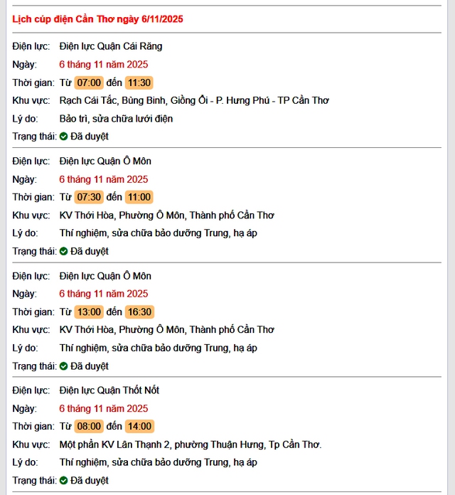 Tra cứu lịch cúp điện hôm nay Thứ 5 ngày 6/11/2025 tại Cần Thơ- Ảnh 1. Tra cứu lịch cúp điện hôm nay Thứ 5 ngày 6/11/2025 tại Cần Thơ- Ảnh 1.
