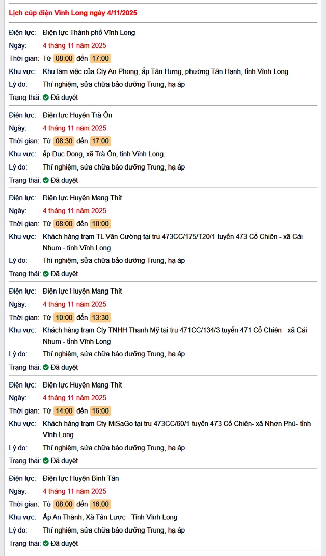 Tra cứu lịch cúp điện hôm nay Thứ 3 ngày 4/11/2025 tại Vĩnh Long- Ảnh 1. Tra cứu lịch cúp điện hôm nay Thứ 3 ngày 4/11/2025 tại Vĩnh Long- Ảnh 1.