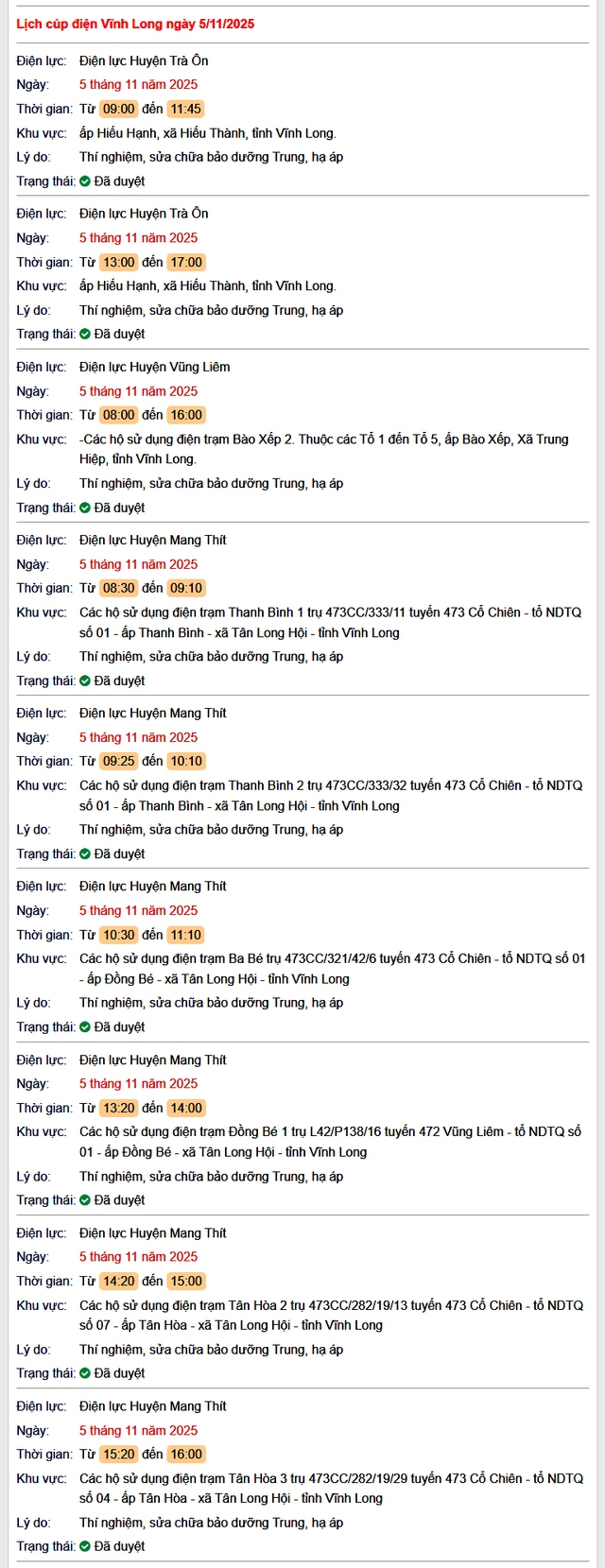 Tra cứu lịch cúp điện hôm nay Thứ 4 ngày 5/11/2025 tại Vĩnh Long- Ảnh 1. Tra cứu lịch cúp điện hôm nay Thứ 4 ngày 5/11/2025 tại Vĩnh Long- Ảnh 1.