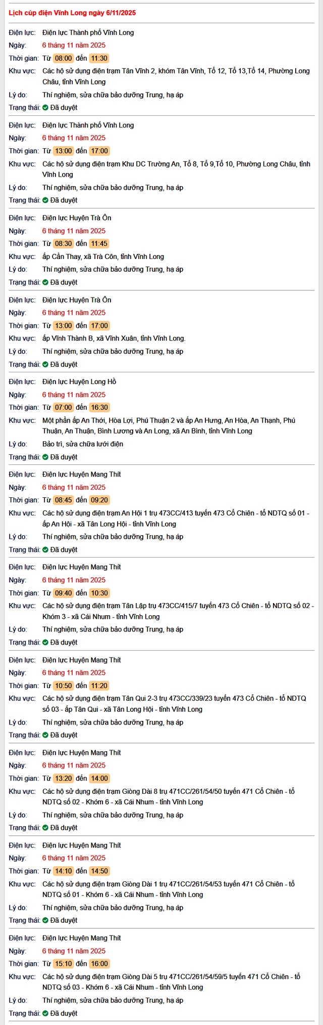 Tra cứu lịch cúp điện hôm nay Thứ 5 ngày 6/11/2025 tại Vĩnh Long- Ảnh 1. Tra cứu lịch cúp điện hôm nay Thứ 5 ngày 6/11/2025 tại Vĩnh Long- Ảnh 1.