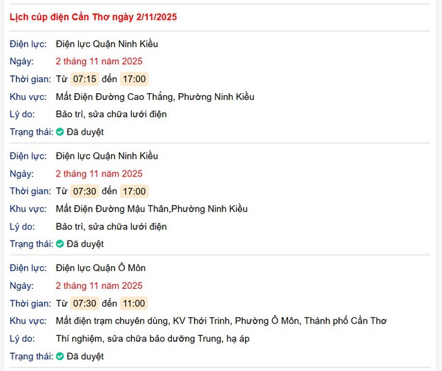 Tra cứu lịch cúp điện hôm nay Chủ Nhật ngày 2/11/2025 tại Cần Thơ- Ảnh 1. Tra cứu lịch cúp điện hôm nay Chủ Nhật ngày 2/11/2025 tại Cần Thơ- Ảnh 1.