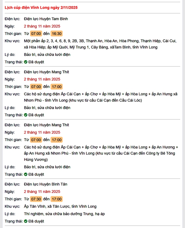 Tra cứu lịch cúp điện hôm nay Chủ Nhật ngày 2/11/2025 tại Vĩnh Long- Ảnh 1. Tra cứu lịch cúp điện hôm nay Chủ Nhật ngày 2/11/2025 tại Vĩnh Long- Ảnh 1.