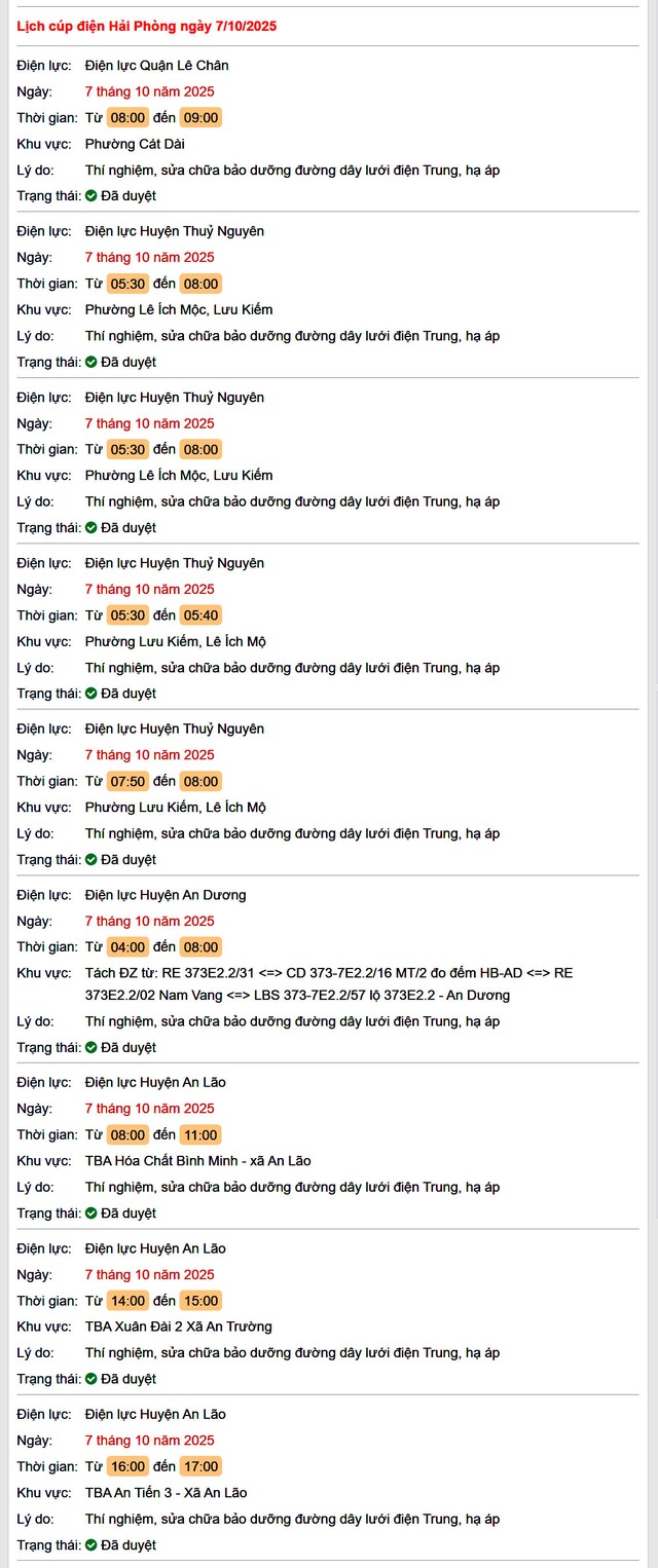 Tra cứu lịch cắt điện Hải Phòng hôm nay Thứ 3 ngày 7/10/2025- Ảnh 1. Tra cứu lịch cắt điện Hải Phòng hôm nay Thứ 3 ngày 7/10/2025- Ảnh 1.