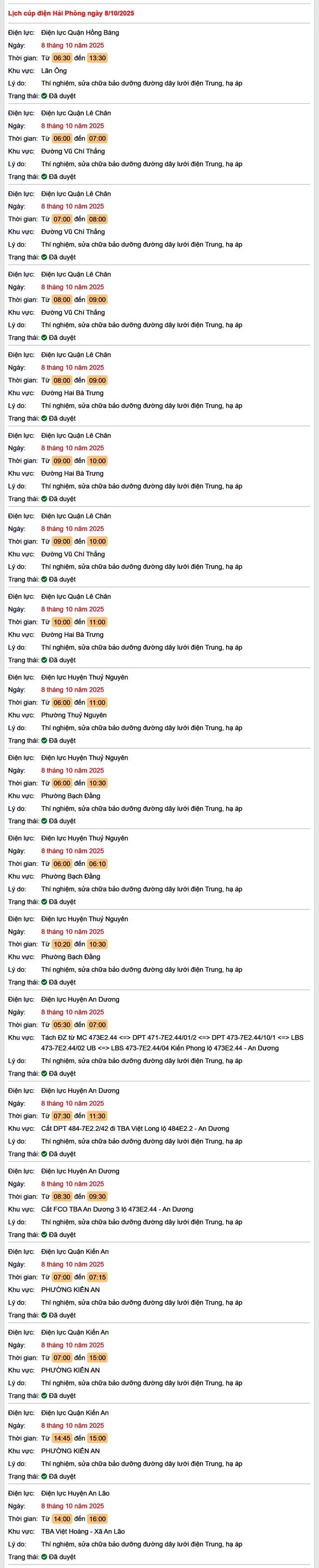 Tra cứu lịch cắt điện Hải Phòng hôm nay Thứ 4 ngày 8/10/2025- Ảnh 1. Tra cứu lịch cắt điện Hải Phòng hôm nay Thứ 4 ngày 8/10/2025- Ảnh 1.