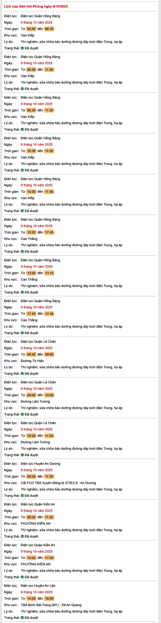 Tra cứu lịch cắt điện Hải Phòng hôm nay Thứ 5 ngày 9/10/2025- Ảnh 1. Tra cứu lịch cắt điện Hải Phòng hôm nay Thứ 5 ngày 9/10/2025- Ảnh 1.