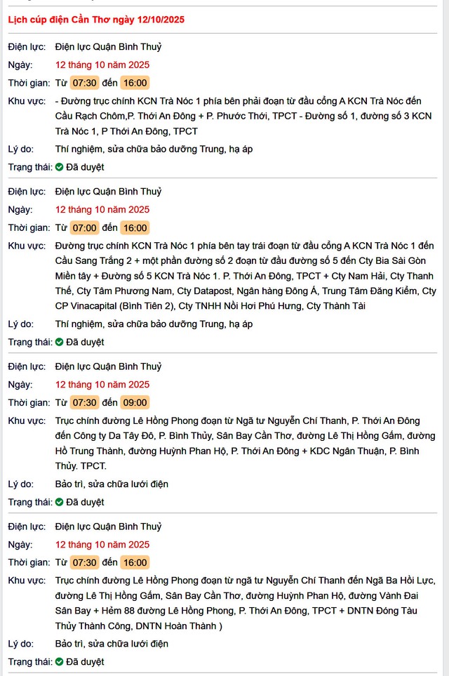 Tra cứu lịch cúp điện hôm nay Chủ Nhật ngày 12/10/2025 tại Cần Thơ- Ảnh 1. Tra cứu lịch cúp điện hôm nay Chủ Nhật ngày 12/10/2025 tại Cần Thơ- Ảnh 1.
