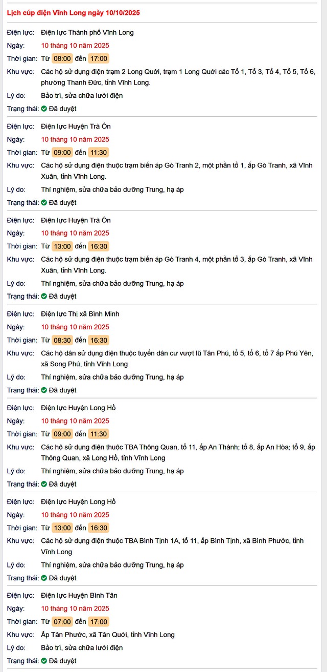 Tra cứu lịch cúp điện hôm nay Thứ 6 ngày 10/10/2025 tại Vĩnh Long- Ảnh 1. Tra cứu lịch cúp điện hôm nay Thứ 6 ngày 10/10/2025 tại Vĩnh Long- Ảnh 1.