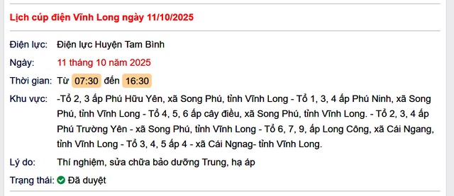Tra cứu lịch cúp điện hôm nay Thứ 7 ngày 11/10/2025 tại Vĩnh Long- Ảnh 1.