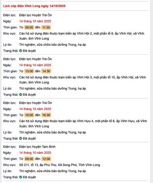 Tra cứu lịch cúp điện hôm nay Thứ 3 ngày 14/10/2025 tại Vĩnh Long- Ảnh 1. Tra cứu lịch cúp điện hôm nay Thứ 3 ngày 14/10/2025 tại Vĩnh Long- Ảnh 1.