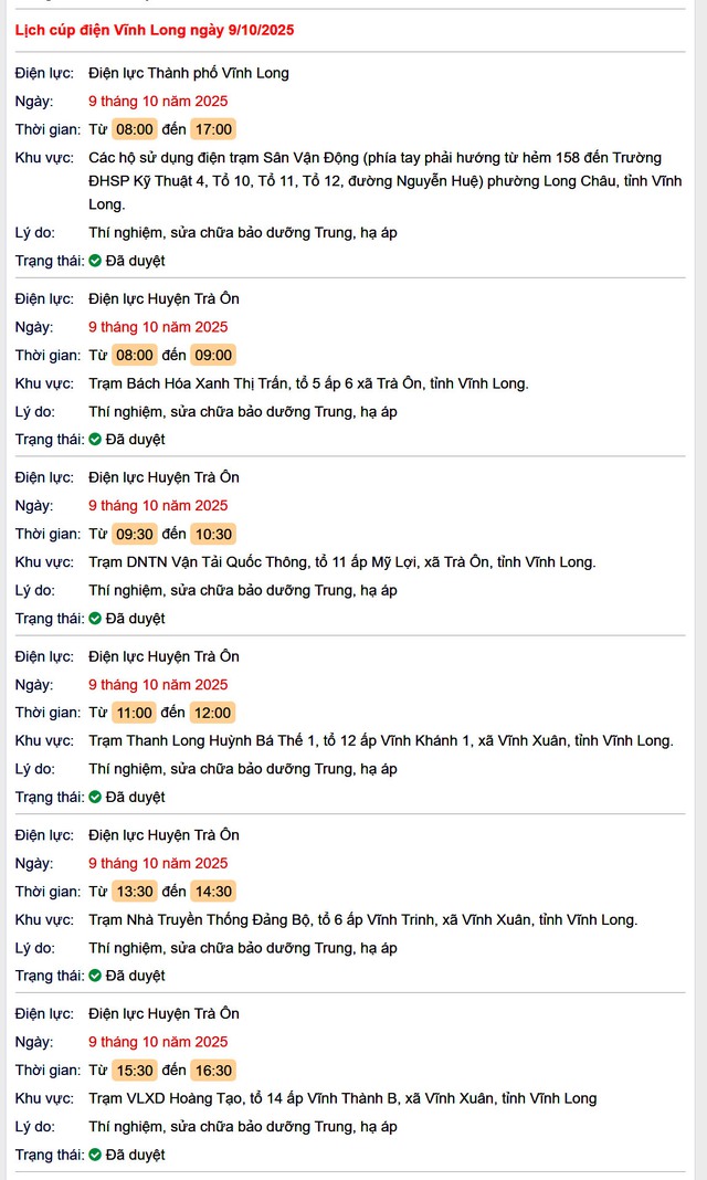 Tra cứu lịch cúp điện hôm nay Thứ 5 ngày 9/10/2025 tại Vĩnh Long- Ảnh 1. Tra cứu lịch cúp điện hôm nay Thứ 5 ngày 9/10/2025 tại Vĩnh Long- Ảnh 1.