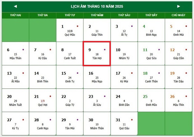 Lịch âm 9/10 - Âm lịch hôm nay 9/10 - Lịch vạn niên ngày 9/10/2025- Ảnh 1.
