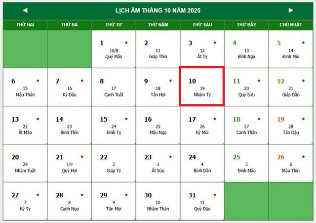 Lịch âm 10/10 - Âm lịch hôm nay 10/10 - Lịch vạn niên ngày 10/10/2025- Ảnh 1. Lịch âm 10/10 - Âm lịch hôm nay 10/10 - Lịch vạn niên ngày 10/10/2025- Ảnh 1.