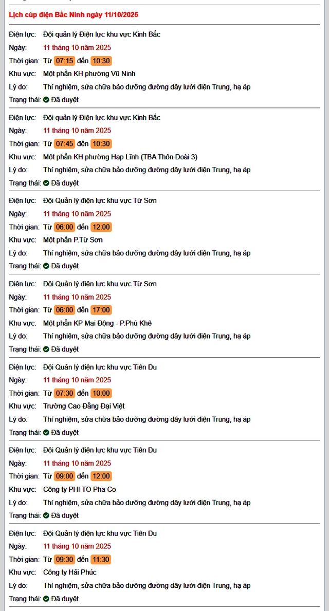 Tra cứu lịch cắt điện Bắc Ninh hôm nay Thứ 7 ngày 11/10/2025- Ảnh 1. Tra cứu lịch cắt điện Bắc Ninh hôm nay Thứ 7 ngày 11/10/2025- Ảnh 1.