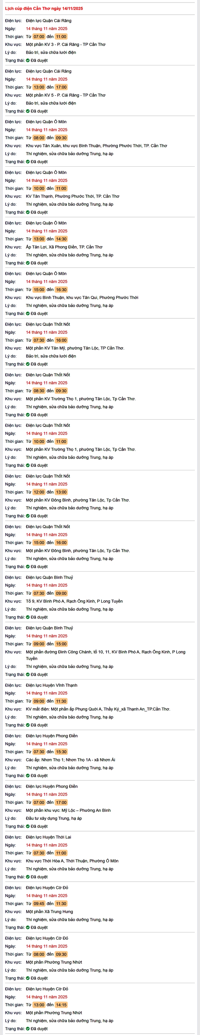 Tra cứu lịch cúp điện Cần Thơ hôm nay Thứ 6 ngày 14/11/2025- Ảnh 1. Tra cứu lịch cúp điện Cần Thơ hôm nay Thứ 6 ngày 14/11/2025- Ảnh 1.
