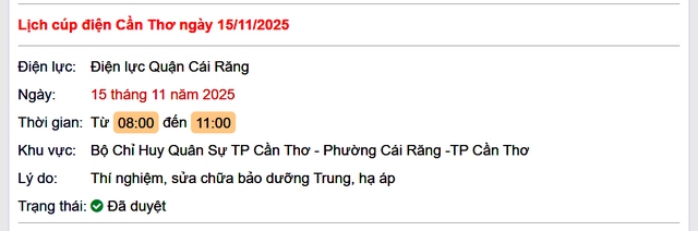 Tra cứu lịch cúp điện Cần Thơ hôm nay Thứ 7 ngày 15/11/2025- Ảnh 1. Tra cứu lịch cúp điện Cần Thơ hôm nay Thứ 7 ngày 15/11/2025- Ảnh 1.
