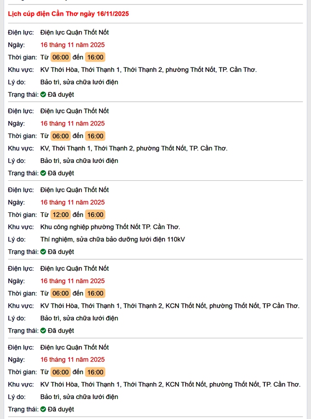 Tra cứu lịch cúp điện Cần Thơ hôm nay Chủ Nhật ngày 16/11/2025- Ảnh 1. Tra cứu lịch cúp điện Cần Thơ hôm nay Chủ Nhật ngày 16/11/2025- Ảnh 1.