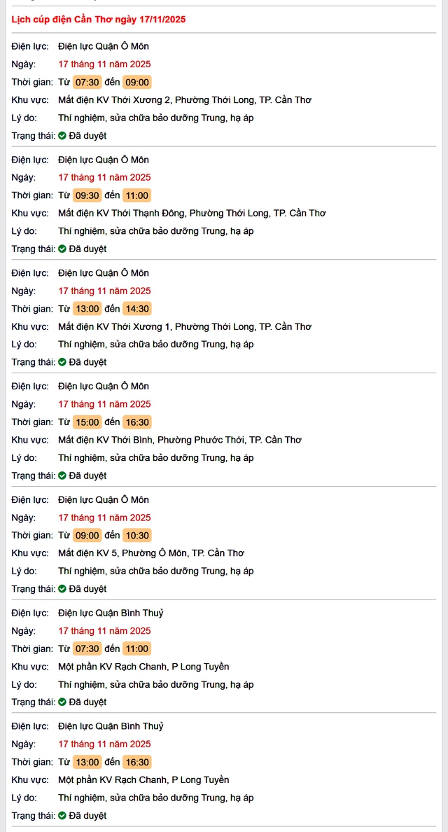 Tra cứu lịch cúp điện Cần Thơ hôm nay Thứ 2 ngày 17/11/2025- Ảnh 1. Tra cứu lịch cúp điện Cần Thơ hôm nay Thứ 2 ngày 17/11/2025- Ảnh 1.