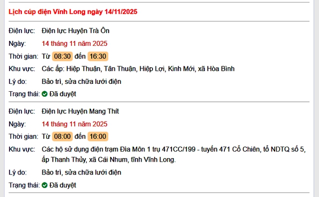 Tra cứu lịch cúp điện Vĩnh Long hôm nay, Thứ 6 ngày 14/11/2025- Ảnh 1. Tra cứu lịch cúp điện Vĩnh Long hôm nay, Thứ 6 ngày 14/11/2025- Ảnh 1.