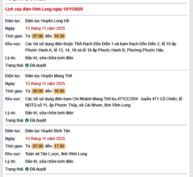 Tra cứu lịch cúp điện Vĩnh Long hôm nay Thứ 7 ngày 15/11/2025- Ảnh 1. Tra cứu lịch cúp điện Vĩnh Long hôm nay Thứ 7 ngày 15/11/2025- Ảnh 1.