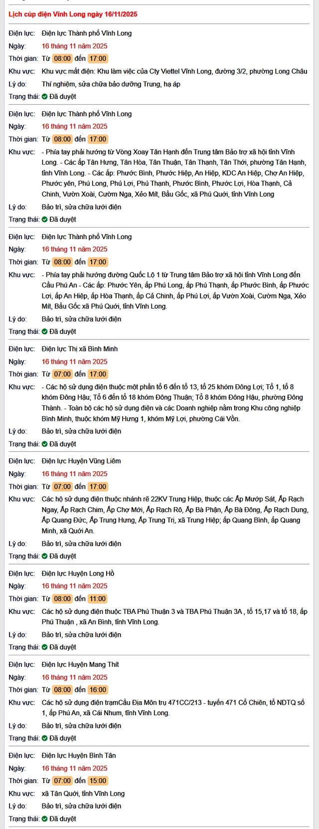 Tra cứu lịch cúp điện Vĩnh Long hôm nay, Chủ Nhật ngày 16/11/2025- Ảnh 1. Tra cứu lịch cúp điện Vĩnh Long hôm nay, Chủ Nhật ngày 16/11/2025- Ảnh 1.