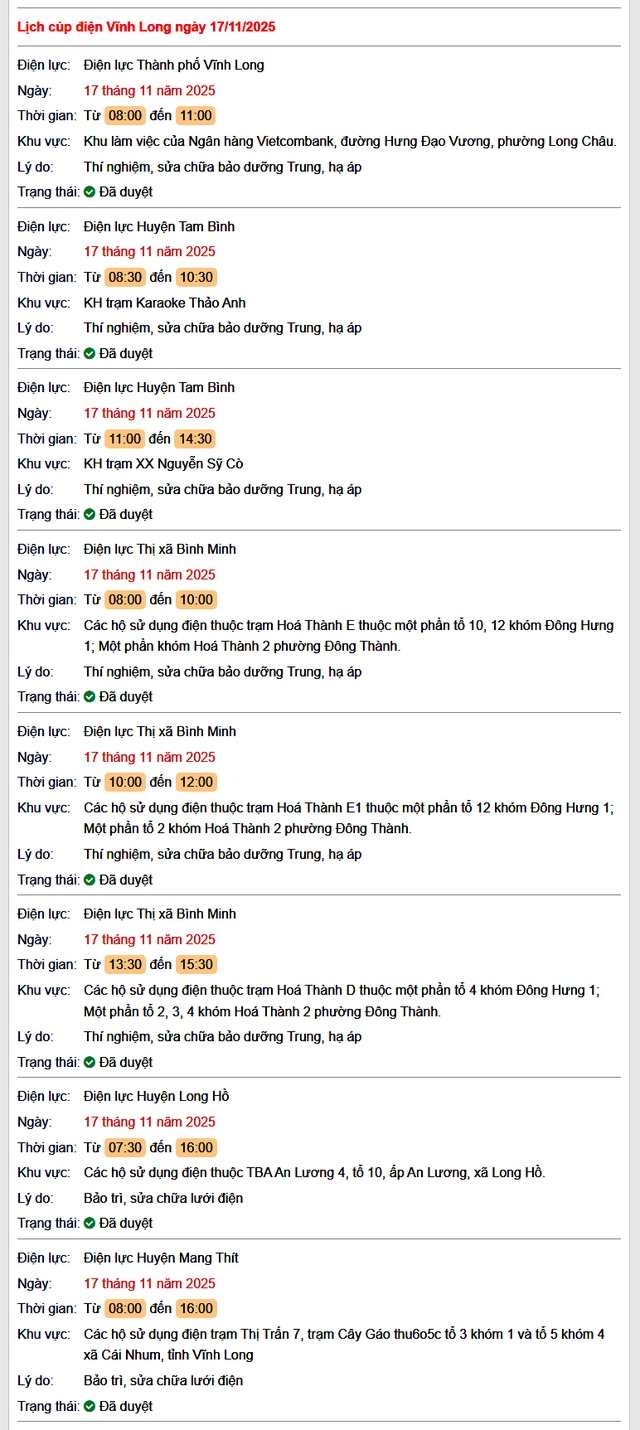 Tra cứu lịch cúp điện Vĩnh Long hôm nay Thứ 2 ngày 17/11/2025- Ảnh 1. Tra cứu lịch cúp điện Vĩnh Long hôm nay Thứ 2 ngày 17/11/2025- Ảnh 1.