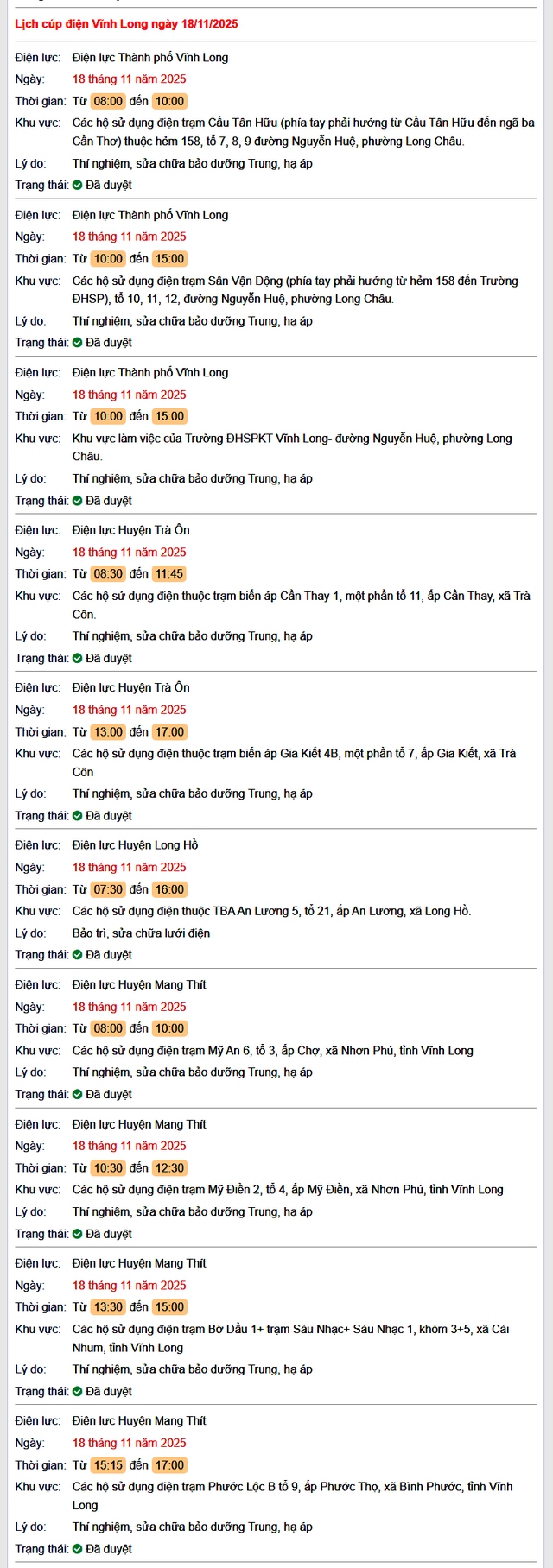 Tra cứu lịch cúp điện Vĩnh Long hôm nay Thứ 3 ngày 18/11/2025- Ảnh 1.