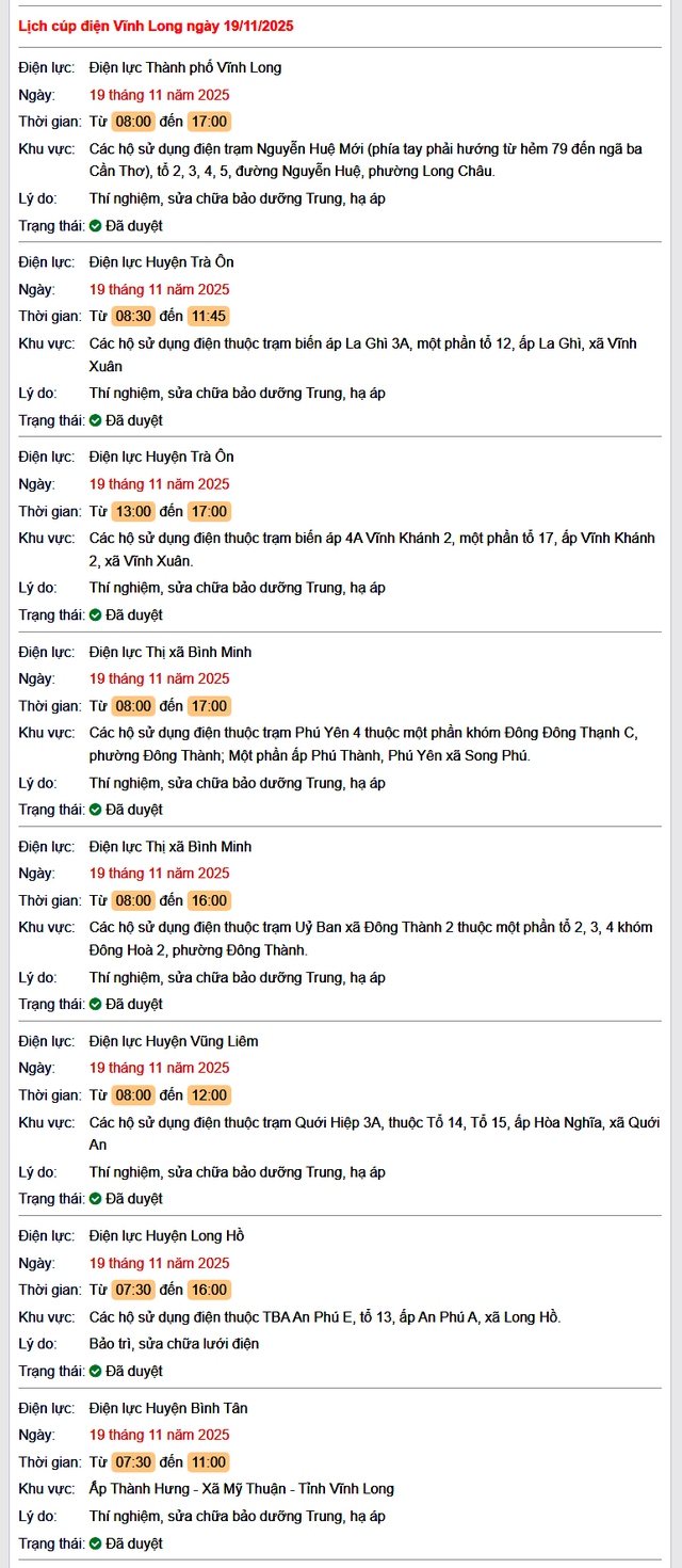 Tra cứu lịch cúp điện Vĩnh Long hôm nay Thứ 4 ngày 19/11/2025- Ảnh 1.