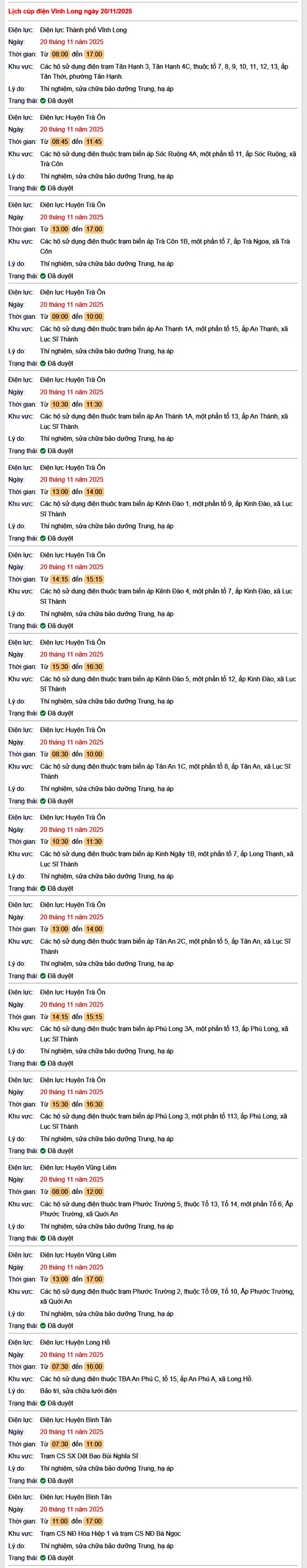 Tra cứu lịch cúp điện Vĩnh Long hôm nay Thứ 5 ngày 20/11/2025- Ảnh 1.
